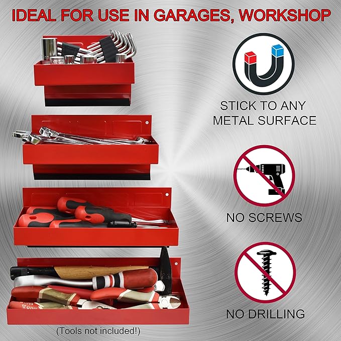 Magnetic Shelf 4-Pcs Set - Red Tool Trays - Metal Tool Box With Strong Magnets - Storage for Toolbox - Tool Box Accessories for Van Workshop