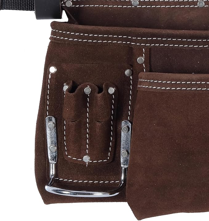 VEEKAY Brown Leather Tool Belt 11 Pocket Suede with 2-Inch Wide Nylon Belt & Pouch, Fits 32" to 50" Waist – Durable for Construction, Carpenters, and Framers
