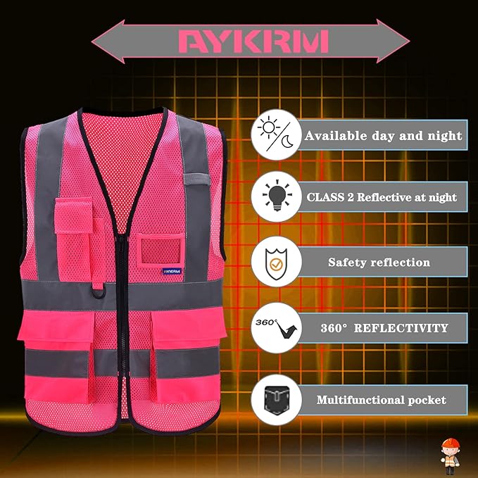 A-SAFETY XSmall Pink High Visibility Mesh Safety Reflective Vest with Pockets and Zipper XS Hi Viz Work Vest for Men Women (Pink Mesh XS)