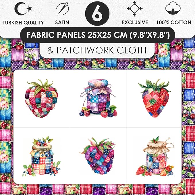 Patchwork Berry Jar Cotton Fabric Panel – 6 Designs + Bonus Sheet 29.5×19.6 inch - Image 3