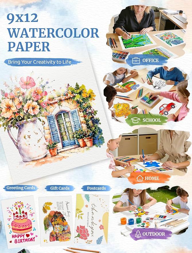105 Sheets Watercolor Paper 9x12, Cold Press Watercolor Paper Bulk, 140 LB/300 - Image 7