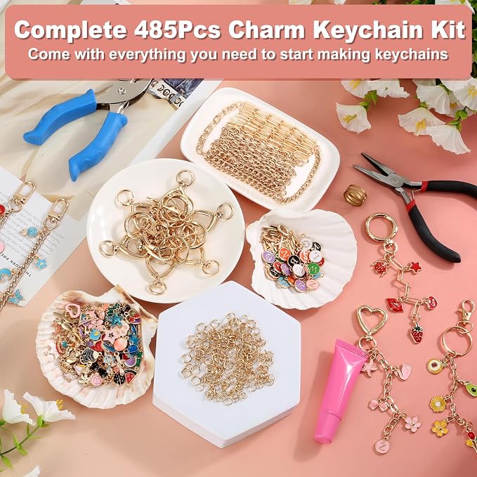 485 Pcs Charms Lip Gloss Keychain Making Kit, DIY Bag Charm Kit Including 40 - Image 7