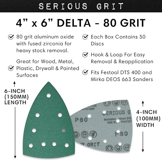80 Grit 4" x 6" Delta (100mm x 150mm) Triangle Sanding Sheets - Fits Festool DTS 400 & Mirka DEOS Delta Sanders - Heavy-Duty Hook & Loop Film Sandpaper for Detail Sanders - 50 Pack Box