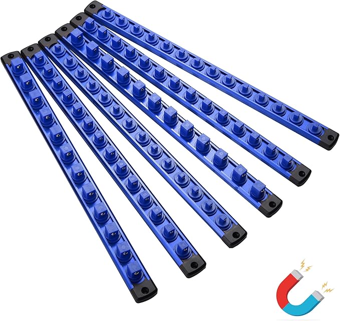 ALOANES Magnetic Socket Organizer Set, 6-Piece Heavy Duty Aluminum Socket Holder Socket Rail Organizer for Tool Box, 360° Swivel Clips Socket Rack 1/4, 3/8, 1/2-Inch x 80 Clips (Blue)