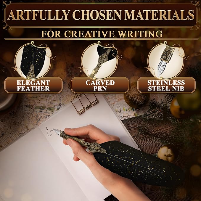 Black Feather Quill Pen and Ink Set – Feather Pen and Ink Set - Image 3