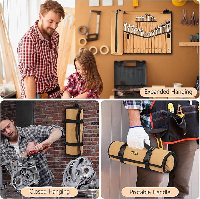 Wrench Roll Organizer (NOT for Ratcheting Wrench),Wrench Roll Up Pouch with 23+1 Pockets,Heavy Duty Tool Roll for Metric & SAE Wrenches,Large Wrench Holder Organizer Bag for Men,Mechanics(Brown)