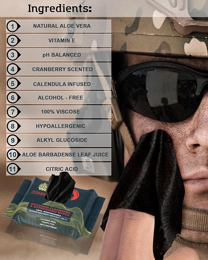 COMBAT WIPES Commando Black, Unscented Camouflage Wet Wipes | Thick, Ultralight, Biodegradable, Heavy Duty Cleansing Cloths for Camping, Military, Hunting & Backpacking (2 Pack)