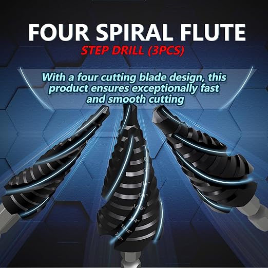 GSTK Pro Max 3PCS Four Spiral Flute Cobalt Unibit Step Drill bit, Impact Ready, for Metal, Stainless Steel, Aluminum, Wood, Plastic with 1/4" Hex Shank