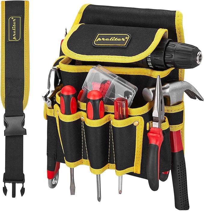 Tool Pouch with Belt, 9 Pocket Heavy Duty Tool Belt, Waterproof Electrician Tool Pouch,Utility Belt Single Side Belt Pouch for Electrician/Carpenter/Construction (Black Yellow)