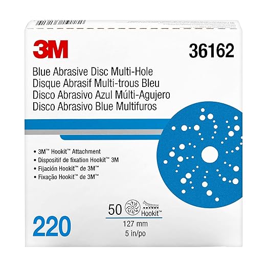3M Hookit Blue Abrasive Discs 36162, Multi-Hole, 5 in, 220+ Grade, Pack of 50, Virtually Dust-Free, for Auto Sanding, Body Repair, Featheredging, Primer Sanding, Paint Preparation, E-Coat Sanding