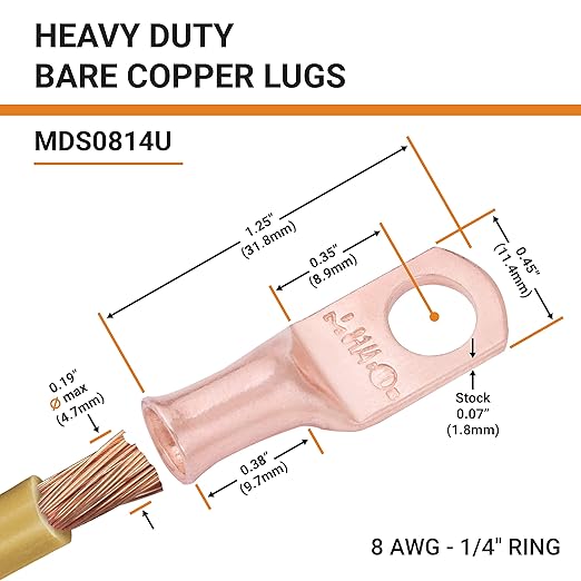 SELTERM 25pcs 8 AWG 1/4" Stud Battery Lugs, Ring Terminals, Heavy Duty Copper Wire Lugs, Battery Cable Ends, 8 Gauge Ring Terminal Connectors, UL Bare Copper Eyelets Electrical Battery Cable Lugs