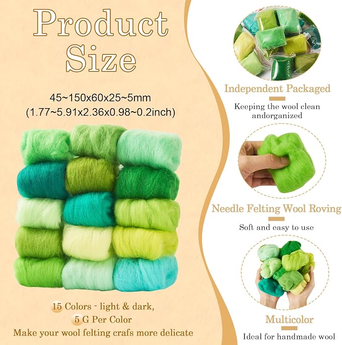 FASHEWELRY 2.6 OZ Nature Wool Roving Set Green Theme Needle Felting Wool Roving - Image 5