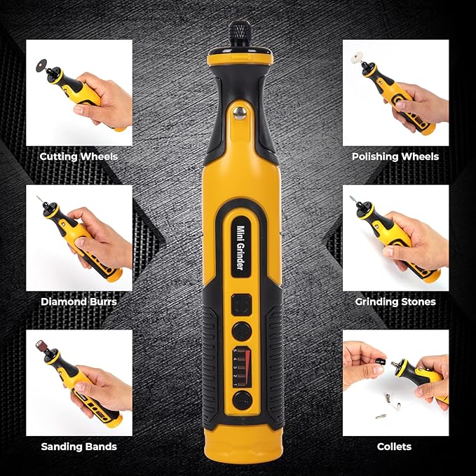 7.2V Cordless Grinder Tool with Battery & Charger, 5Speed Adjustment, LED Light, 65 Piece Accessory Kit| Cutting/Polishing Wheels, Diamond Burrs, Sanding Bands| Mini Grinder Set