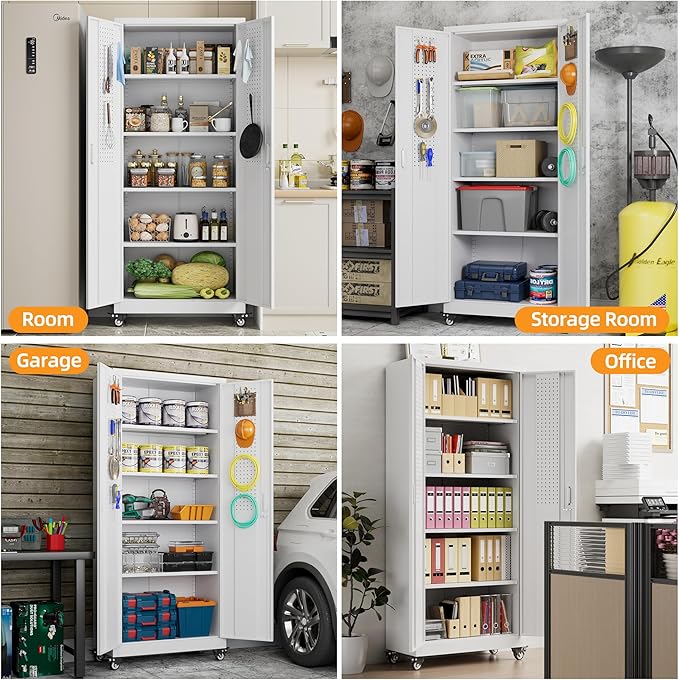 73 Inches Metal Storage Cabinet on Wheels,Garage Storage Cabinet with Wheels and 4 Adjustable Shelves,Rolling Cabinets for Garage,Office,Warehouse,Assemble Required(White)