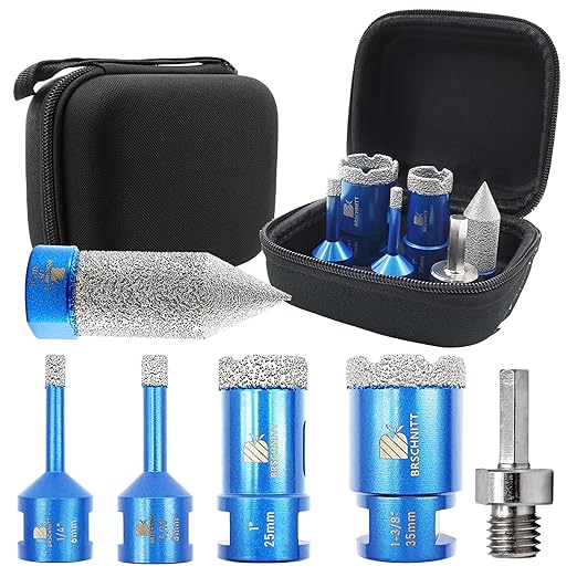 Tile Hole Saw Kit - BRSCHNITT Diamond Core Drill Bit Set 1/4",5/16",1",1-3/8"Drill Bit &4/5" Diamond Chamfer Milling Bit for Porcelain Tile Ceramic Marble Granite & Adapter