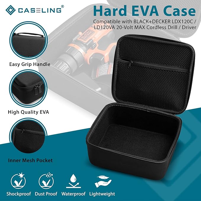 caseling Hard Case - 8.67" x 7.8" x 3.5" - Fits BLACK+DECKER LDX120C / LD120VA Cordless Drill/Driver - EVA Protection Foam Hard Shell Holder for Electronics Storage and Travel (Case only)