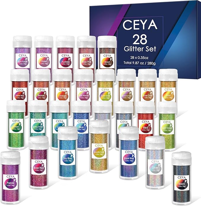 Ceya Holographic Ultra Fine Glitter Powder Set 28 Colors, 9.87oz/280g Craft by CEYA