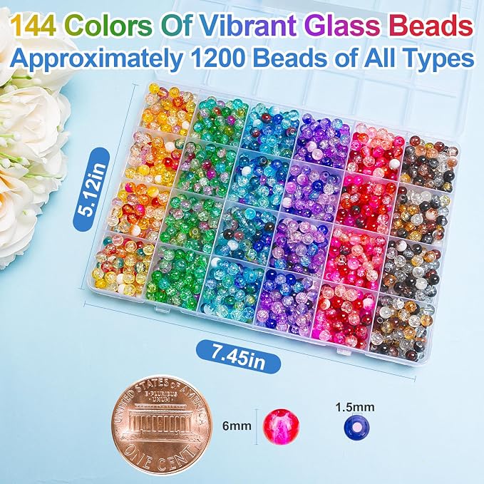 XSEINO About 144 Colors 1200PCS 6mm Glass Beads Bracelet Making Set, 6 Styles - Image 3