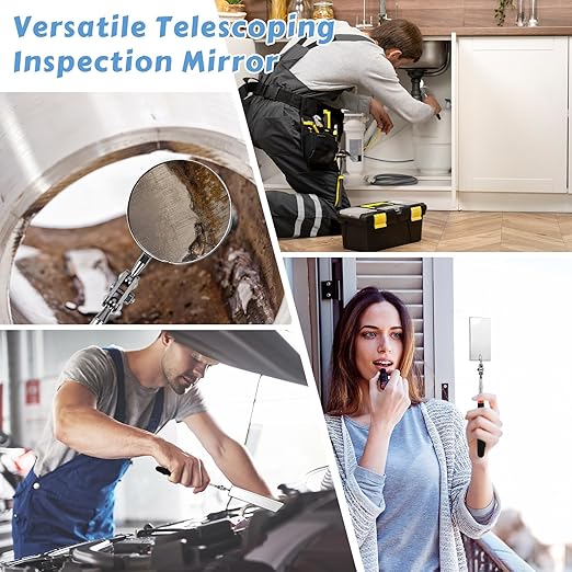 2 Pieces Telescoping Inspection Mirror, 360° Swivel Extendable Mechanic Automotive Mirrors Tools, Rectangular Round Mirror on a Stick for Mechanics, Automotive Repair, Contractors, Home Inspection
