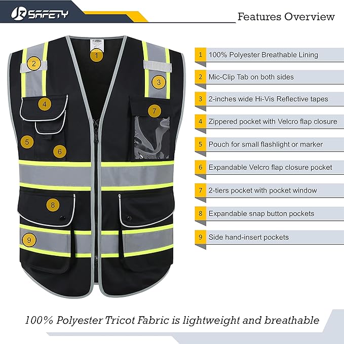 JKSafety 9 Pockets Hi-Vis Black Color Zipper Front Safety Vest Fluorescent Yellow Strips outlining the Reflective Tapes ANSI/ISEA Class 1 (901-Black, Large)