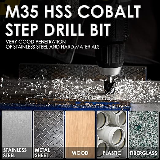 M35 Cobalt Step Drill Bit, Four Spiral Flute Unibit Step Drill Bit (1/8"-1/2") Wear-Resistant TiAlN Coated, 1/4" Hex Shank for Metal, Carbon Steel, Stainless Steel, Wood, Plastic (13 Size)