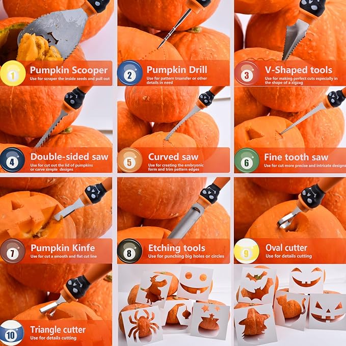 21 Pieces Comfort Grip Pumpkin Carving Kit with Gift Box and Carrying Case Heavy Duty Stainless Steel Pumpkin Carver Tools Pumpkin Sculpting Set and 10 Stencils for Halloween Jack-O-Lanterns (BLACK)