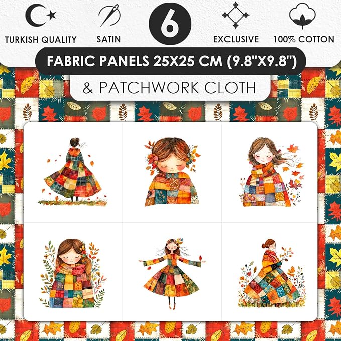 Autumn Girls Patchwork Cotton Fabric Panel – 6 Designs + Bonus Patchwork Sheet - Image 3