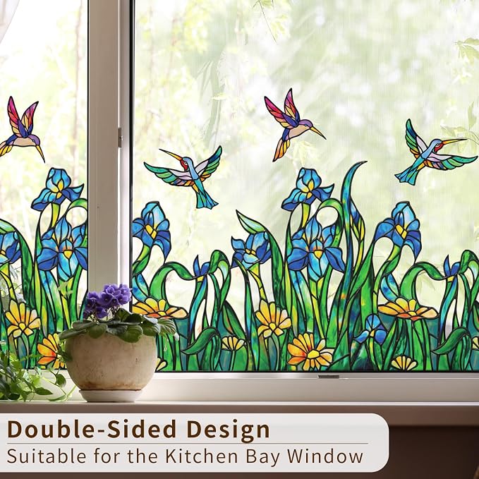 Original Hand Drawn Iris Faux Stained Glass Window Border Film, Watercolor - Image 3