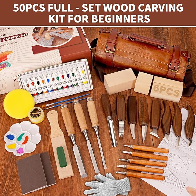 Wood Carving Kit, 50Pcs Wood Carving Tools with 4 Style Templates & 2 Finish Supplies, Wood Whittling Kit with 3 Style Knives & 6pcs Basswood Blocks for DIY and Carving Beginners