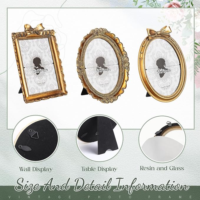 Vicenpal 3 Pcs Tiny Picture Ornate Frames 5 x 7 Inch Small Vintage Oval Picture - Image 3