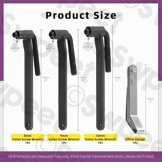 Swpeet 4Pcs 8mm 9mm 10mm Motorcycle Engine Valve Screw Adjustment Tool and 0.005"-0.020" Offset Feeler Gauge Set, Engine Screw Spanner Valve Tool with Stainless Steel Feeler Gauge for Motorcycle