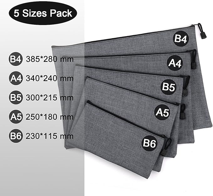 5 Pack Canvas Zipper Tool Bag Set - 5 Sizes B4 A4 B5 A5 B6, Heavy Duty Waterproof Multipurpose Utility Multi Tool Storage Pouch Case for Organizing & Sorting Household Tools, Spare Parts (Gray)