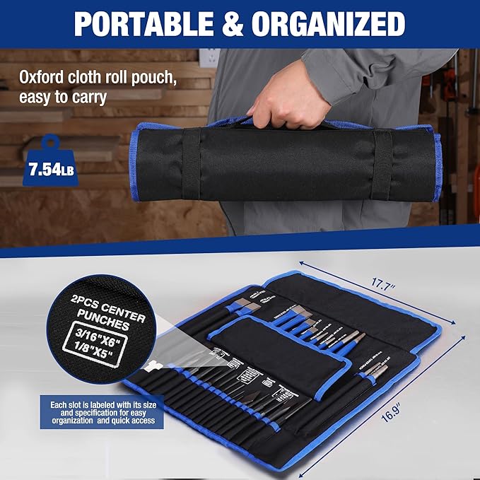 WORKPRO 30 PCS Heavy Duty Punch and Chisel Set with Roll Pouch, Cold & Cape Chisel, Center, Pin & Taper Punch, and Gauge, Blackened and Painted Finish for Durability
