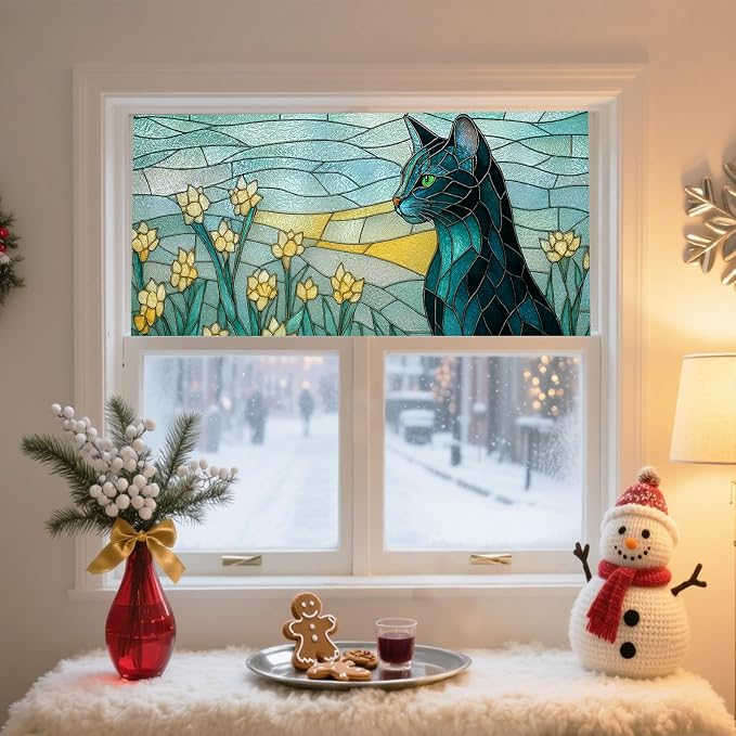 IVN Stained Glass Window Film 39.3x17.7 inch Cat and Daffodils Window Privacy - Image 2