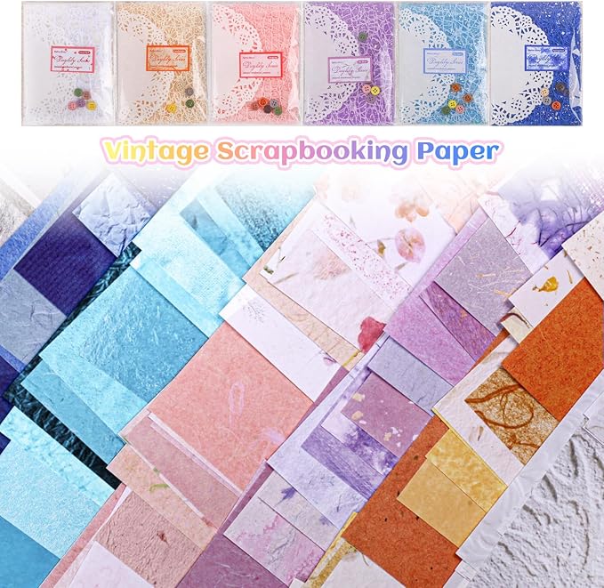 156Sheets Textured Scrapbook Paper & Mesh Fabric Assorted Set+30 Buttons - Image 5