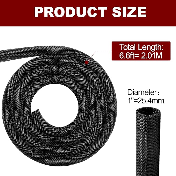 Automotive Wire Loom High Temperature Braided Wire Loom, Split-Sleeve Heat Resistant Wiring Loom Cord Cover for Harness Wires, Self-Wrapping Heavy Duty Sheathing Cable Management Black（6.6ft-1inch ）