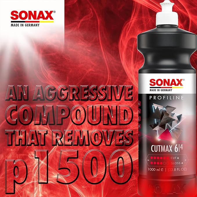 SONAX CutMax Compound 246141 | High-Abrasive Paint Correction Polish for P1500 Grit Sanding Marks | Silicone-Free, Dust-Free, and Odorless | Long Buffing Cycle for Severe Weathered Paint | 250ml