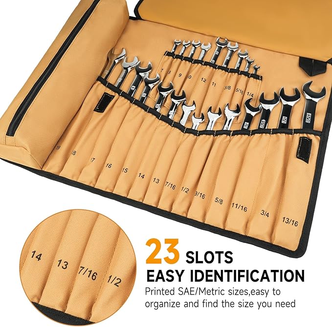 Wrench Roll Organizer (NOT for Ratcheting Wrench),Wrench Roll Up Pouch with 23+1 Pockets,Heavy Duty Tool Roll for Metric & SAE Wrenches,Large Wrench Holder Organizer Bag for Men,Mechanics(Brown)