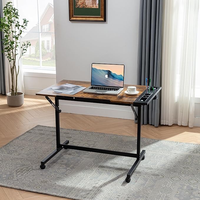 VECELO Vintage Drawing Drafting Table, Adjustable Tilting Top Art Desk Craft - Image 5