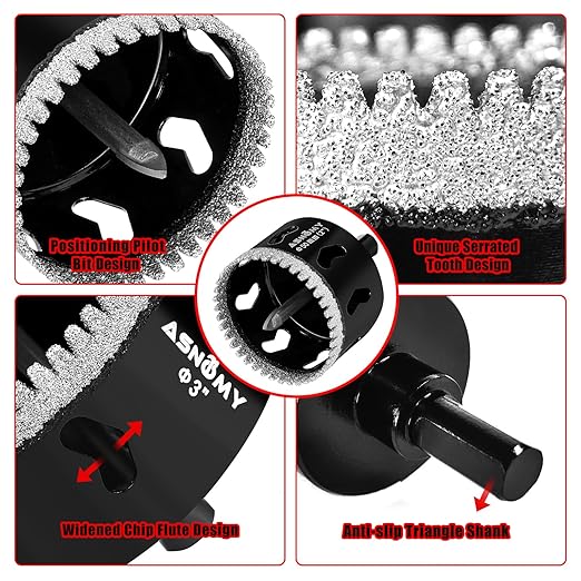 2-1/4 Inch Diamond Hole Saw with Pilot Drill Bit, 2-1/4" Serrated Brazing Tile Hole Saw Diamond Core Drill Bits with Guiding Bit for Ceramic Porcelain Tile Glass Stone Granite Marble