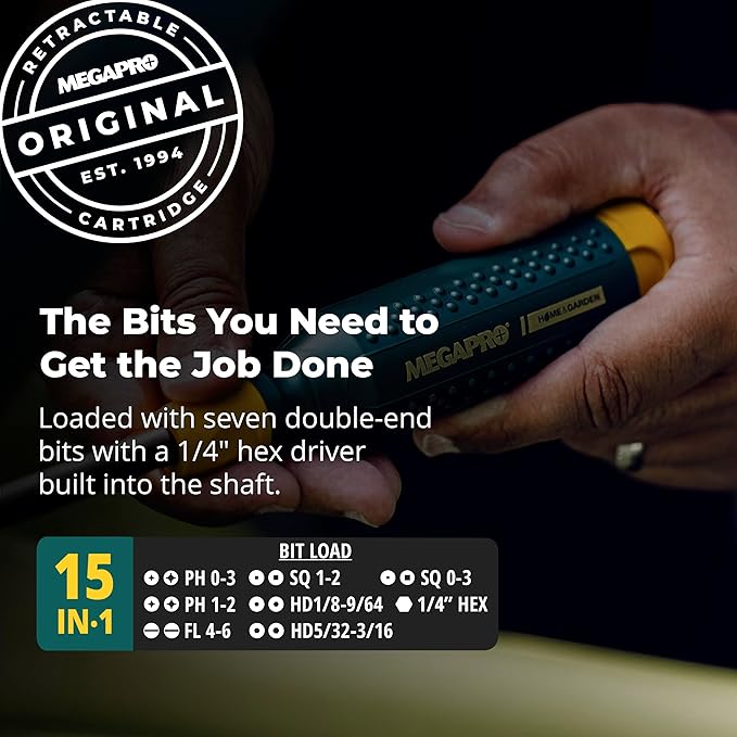 MEGAPRO® 15-in-1 Original Multi-bit Screwdriver | Home DIY & Repair | Construction | Tradeswork | 14 Industrial-grade bit tips | 1/4" Hex Drive in shaft (Home & Garden)