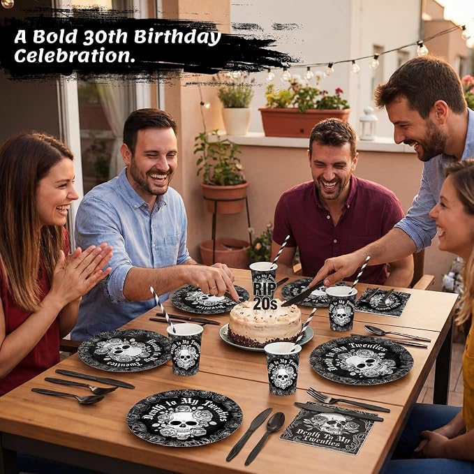 450 Pcs Death to My 20s Tableware Set Black White 30th Birthday Party - Image 6