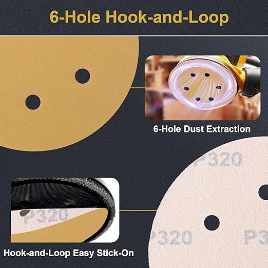 100 PCS 6 Inch 6 Hole Sanding Discs 320 Grit Hook and Loop Adhesive Round Sandpaper for Random Orbital Sander