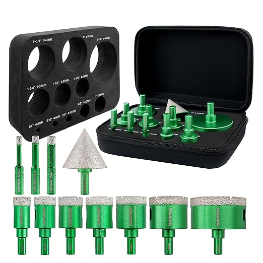 Diamond Core Drill Bit Kit - 6/8/10/20/25/28/32/35/45/65mm Triangle Shank +2"(50mm) Hex Shank Beveling Chamfer Bit Tile Hole Saws for Dry Drilling Porcelain Ceramic Tile Granite Marble Stone