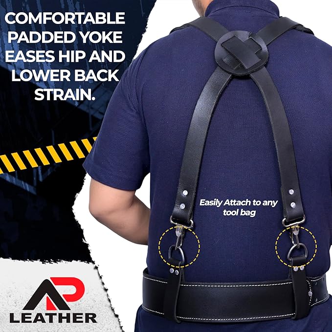 Tool Belt Suspenders – Heavy-Duty Adjustable Work Suspenders with 4 Detachable D-Loop for Construction Tool Belt (Black)