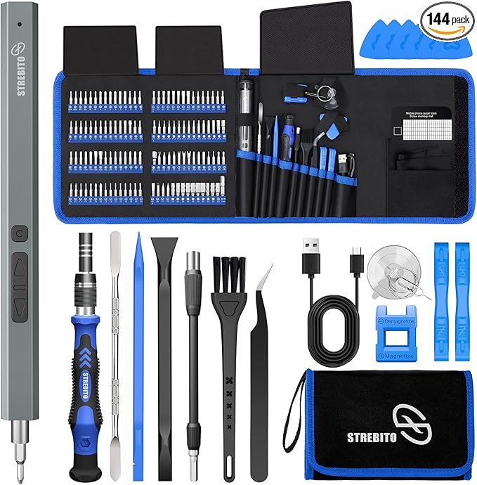 STREBITO Mini Electric Screwdriver, 144-Piece Electric Precision Screwdriver Set Small Power Screwdriver Cordless Rechargeable, Electronic Repair Tool Kit for PC, Computer, Laptop, Phone, RC Drone