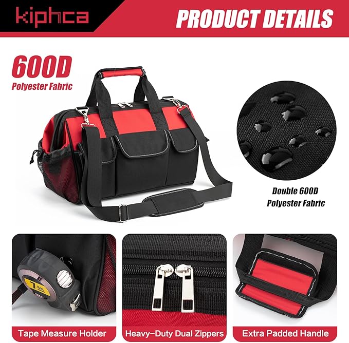 Tool Bag, Foldable Open 16 Inch Top Tool Bag Organizer for Easy Tool Access, Water-Resistant Construction, Electrician ToolBag with Handle & Padded Adjustable Strap, Red