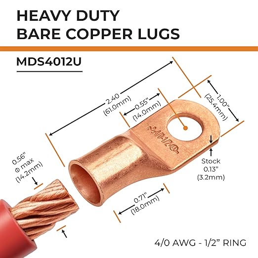 SELTERM 2pcs 4/0 AWG 1/2" Stud Copper Wire Lugs, Ring Terminals, Battery Cable Ends, 0000 Gauge Ring Terminal Connectors, UL Heavy Duty Bare Copper Eyelets Battery Terminal Connectors
