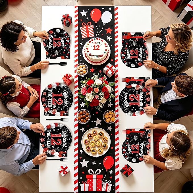 96Pcs Red and Black Party Decorations Happy 12th Birthday Plates and Napkins 12 - Image 7