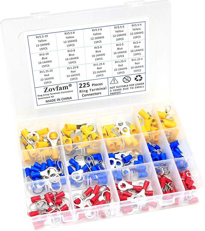 225Pcs Ring Terminals Electrical Wire Crimp Connectors Assortment Kit Yellow, Blue, Red
